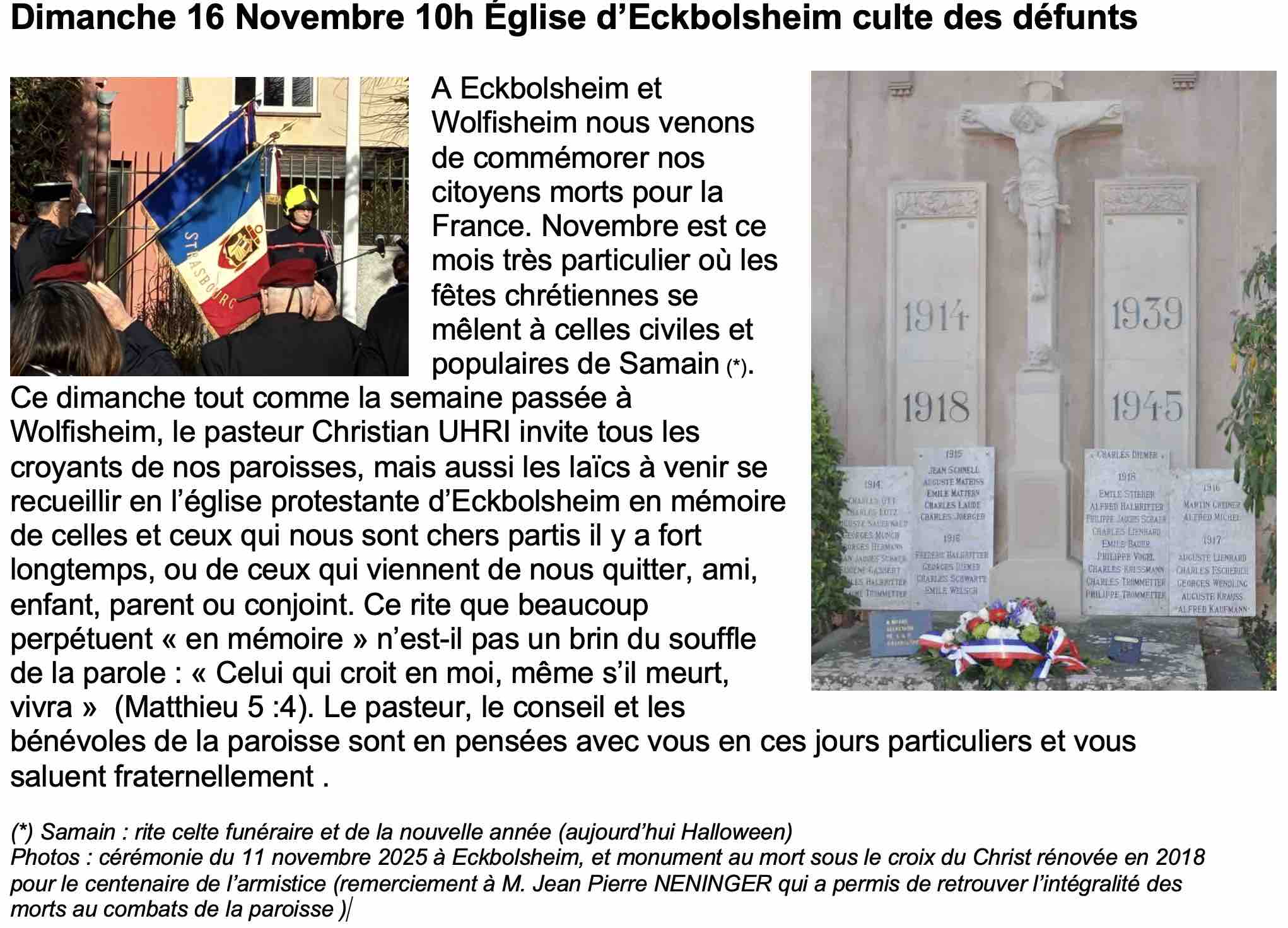 Dimanche 16 Novembre 10h Église d’Eckbolsheim culte des défunts